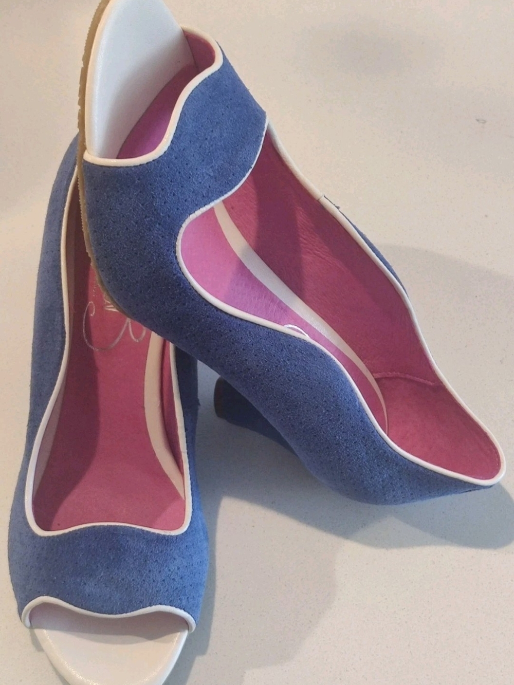 Chanii B Womens 38/7-7.5 Two Tone Blue and Pink Open Toe Suede Leather Heels - Picture 6 of 16